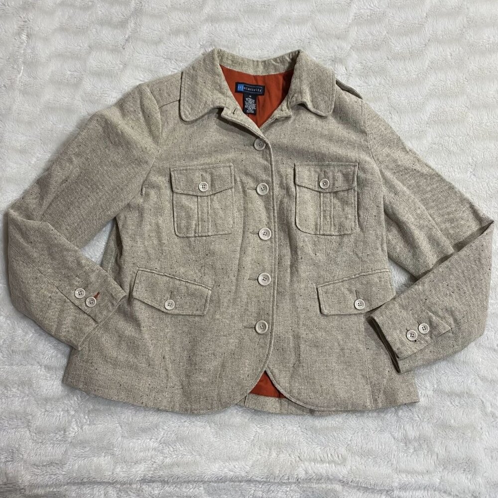 Relativity Women's Ivory Pockets Cotton Blend Collared Shirt Jacket Size 1X